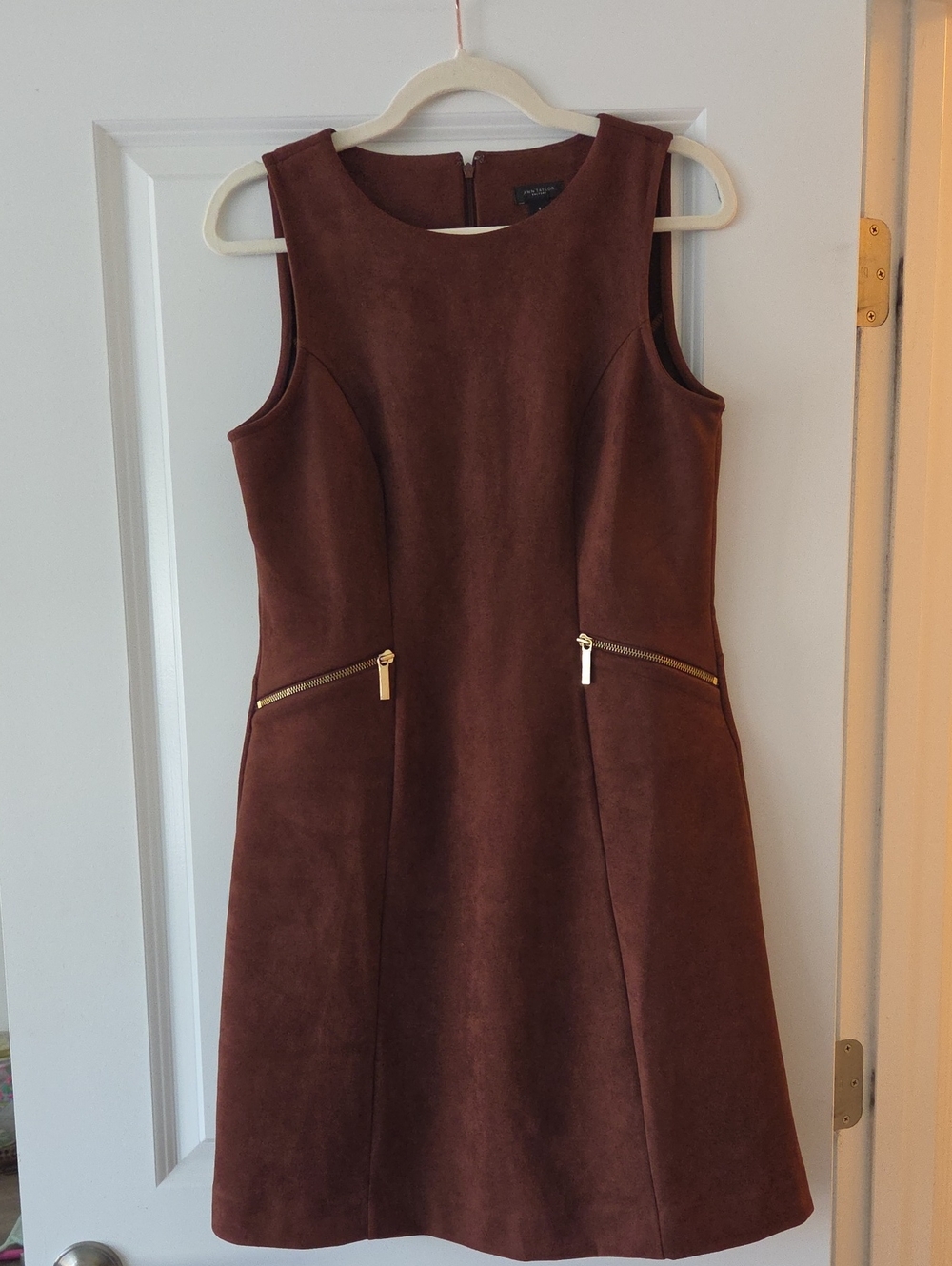 Ann Taylor Rust Brown Faux-Suede Mini Dress with Gold Zippers